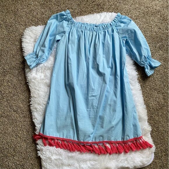 Flying Tomato Dress Embroidered Fringe Hem Elastic Cold Shoulder Blue Pink Boho - Picture 5 of 7